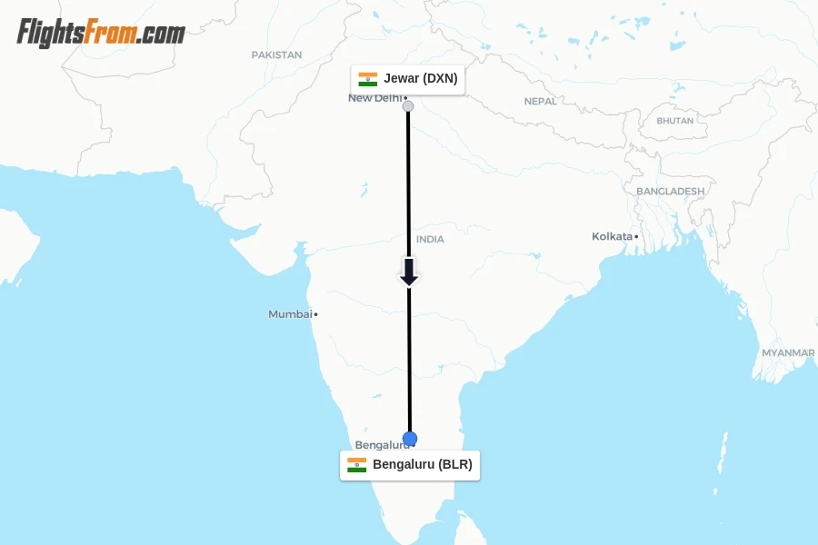 Flights from Jewar to Bengaluru route map