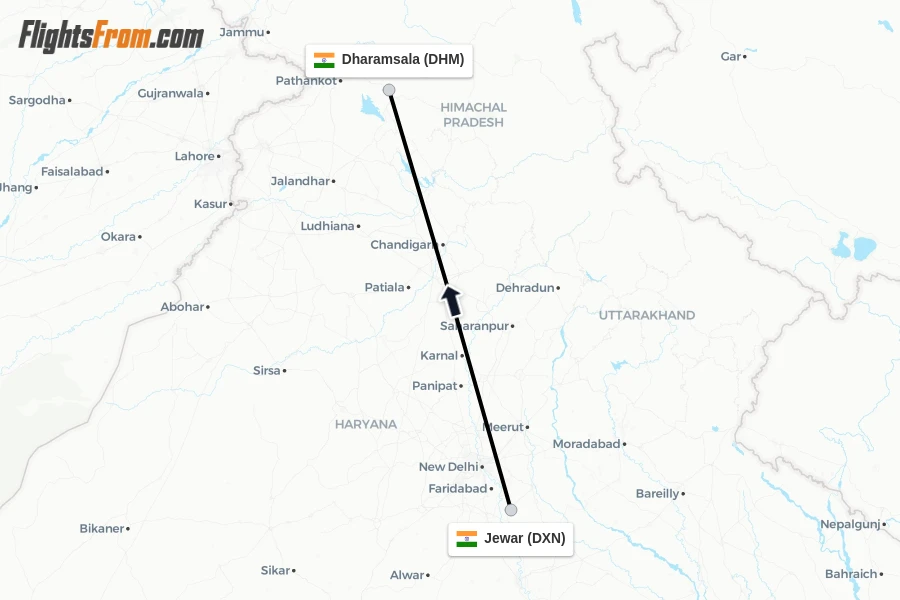 Flights from Jewar to Dharamsala route map