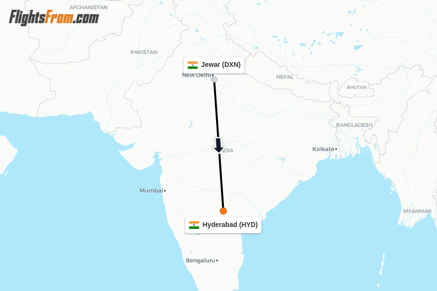 Flights from Jewar to Hyderabad route map