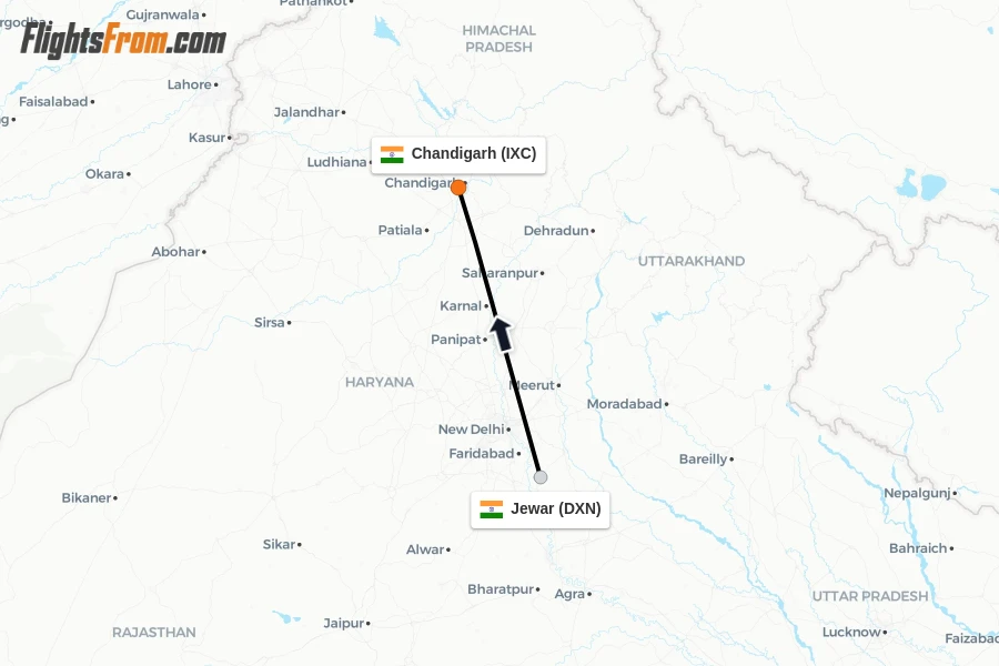 Flights from Jewar to Chandigarh route map
