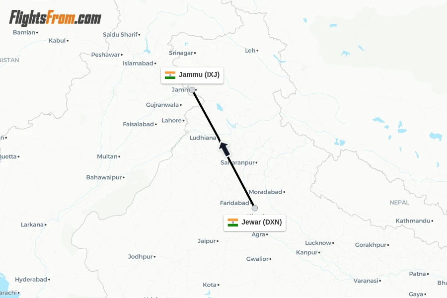 Flights from Jewar to Jammu route map