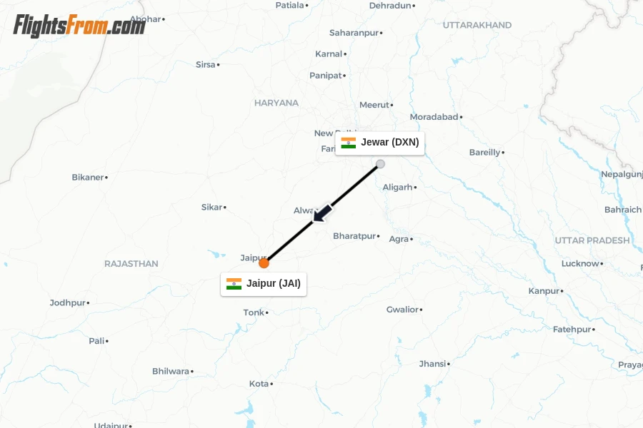 Flights from Jewar to Jaipur route map