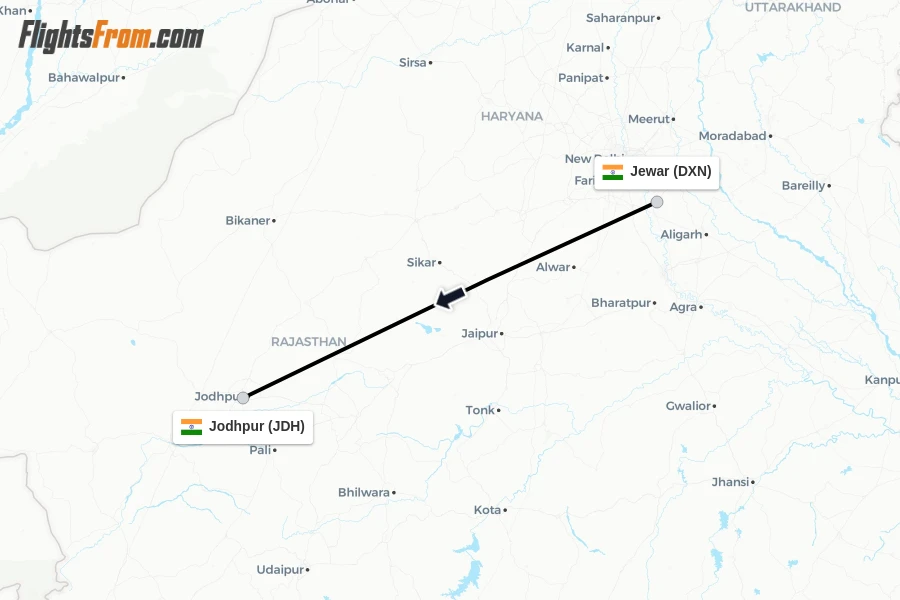 Flights from Jewar to Jodhpur route map