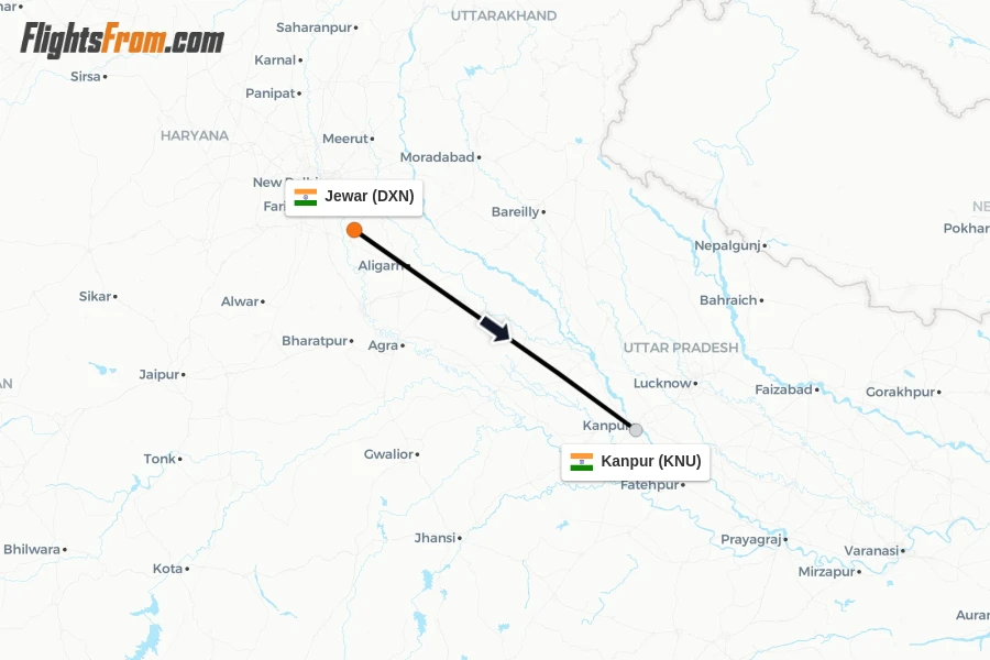 Flights from Jewar to Kanpur route map