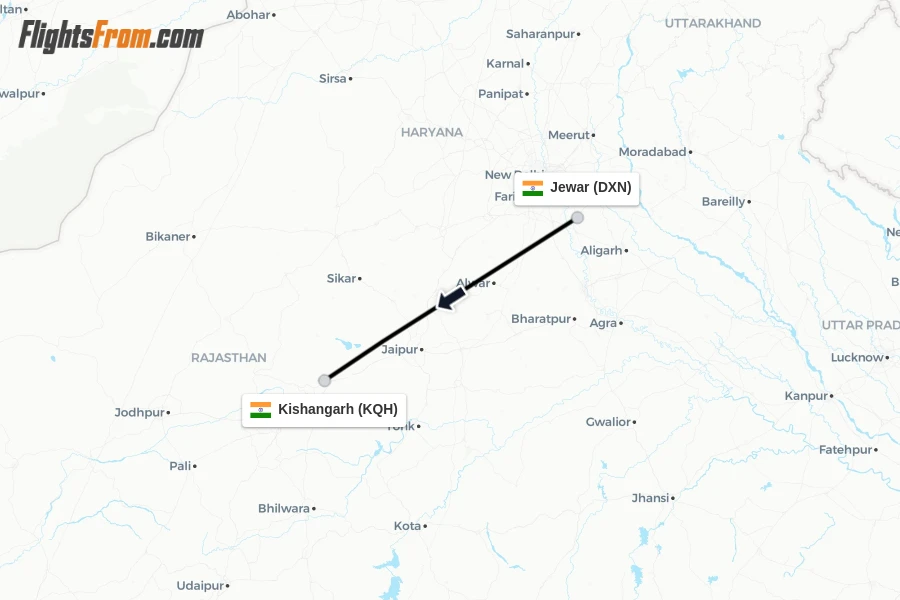 Flights from Jewar to Kishangarh route map