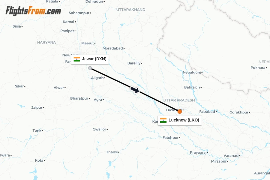 Flights from Jewar to Lucknow route map