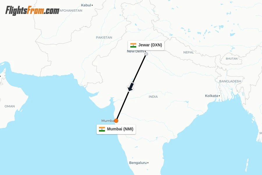Flights from Jewar to Mumbai route map