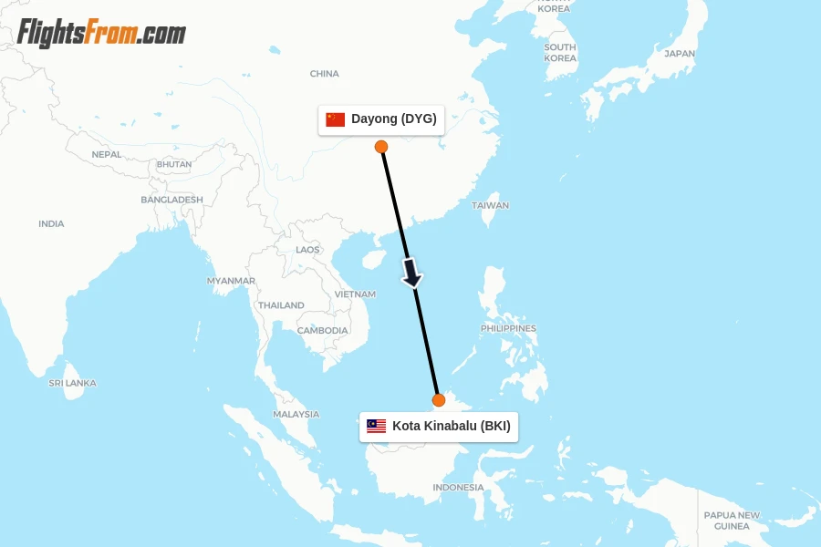 Flights from Dayong to Kota Kinabalu route map