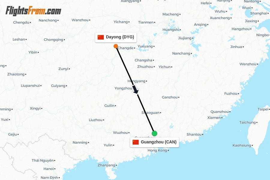 Flights from Dayong to Guangzhou route map