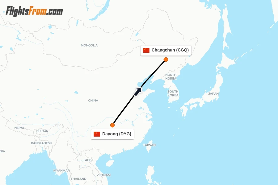 Flights from Dayong to Changchun route map