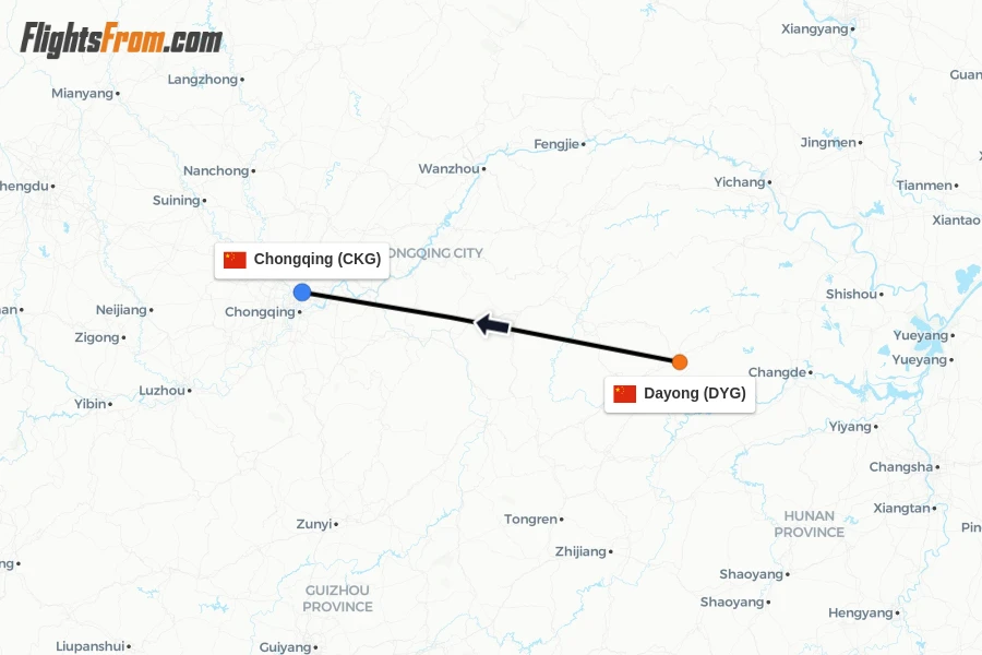 Flights from Dayong to Chongqing route map