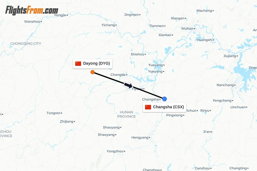 Flights from Dayong to Changsha route map
