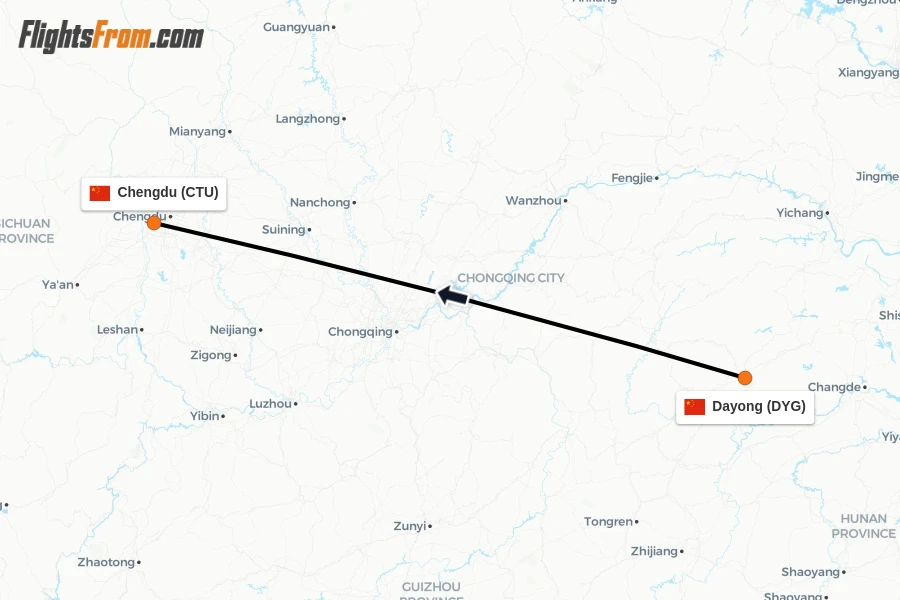 Flights from Dayong to Chengdu route map