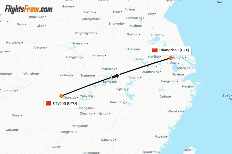 Flights from Dayong to Changzhou route map
