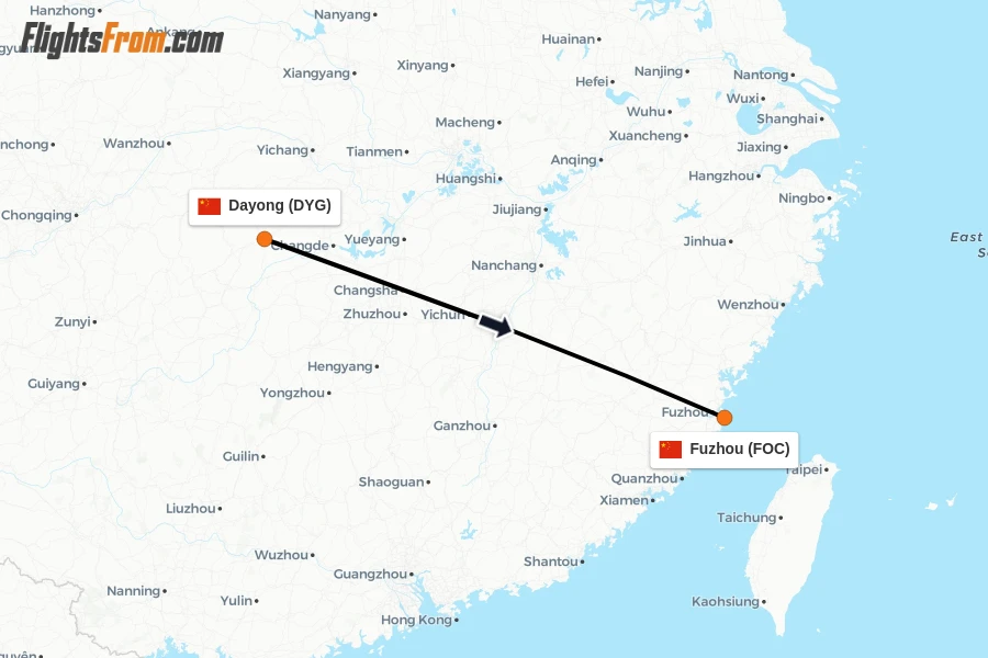 Flights from Dayong to Fuzhou route map