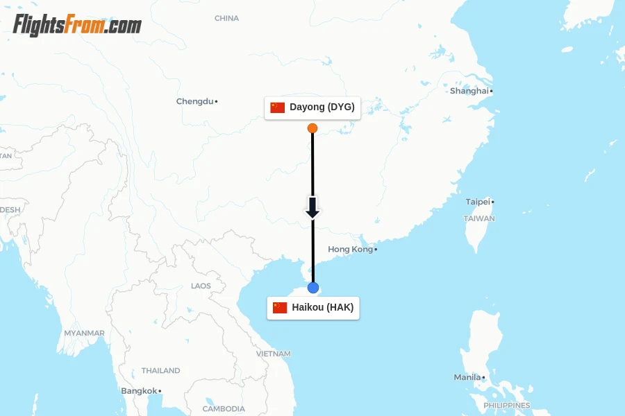 Flights from Dayong to Haikou route map