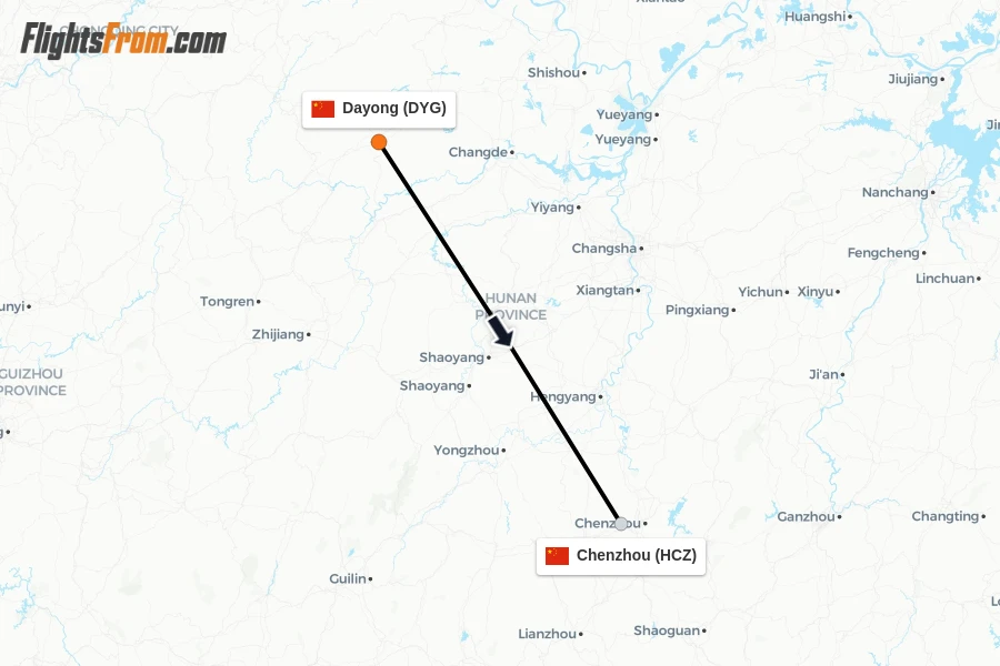 Flights from Dayong to Chenzhou route map