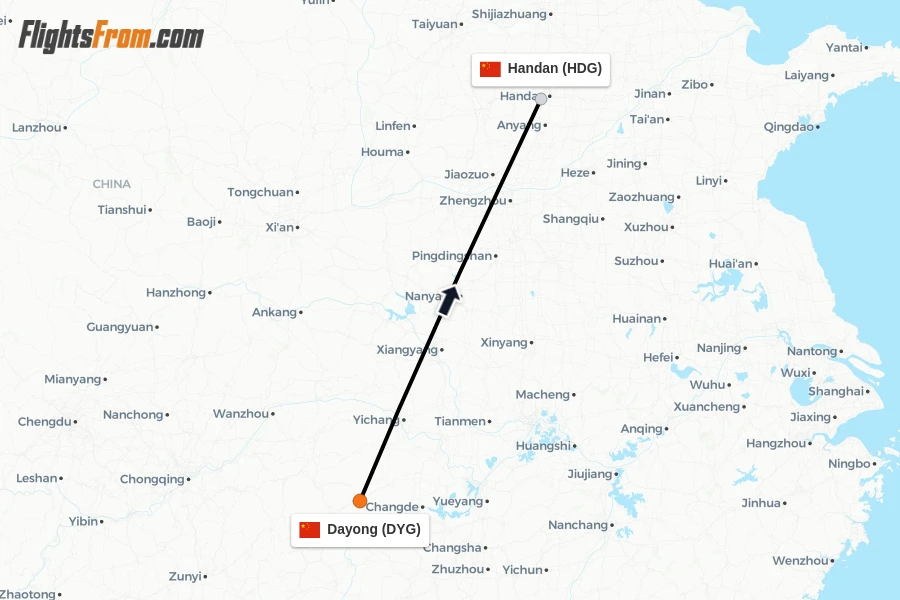 Flights from Dayong to Handan route map