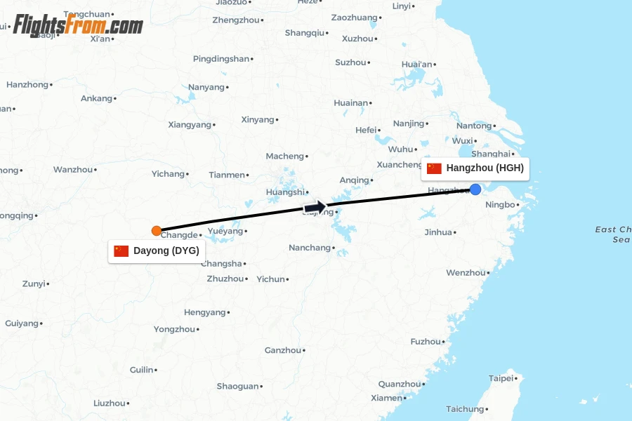 Flights from Dayong to Hangzhou route map