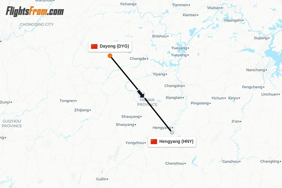 Flights from Dayong to Hengyang route map