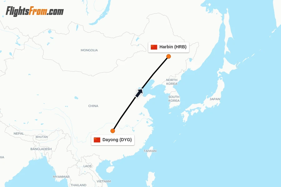 Flights from Dayong to Harbin route map