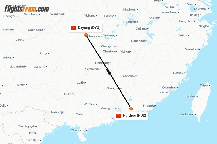 Flights from Dayong to Huizhou route map