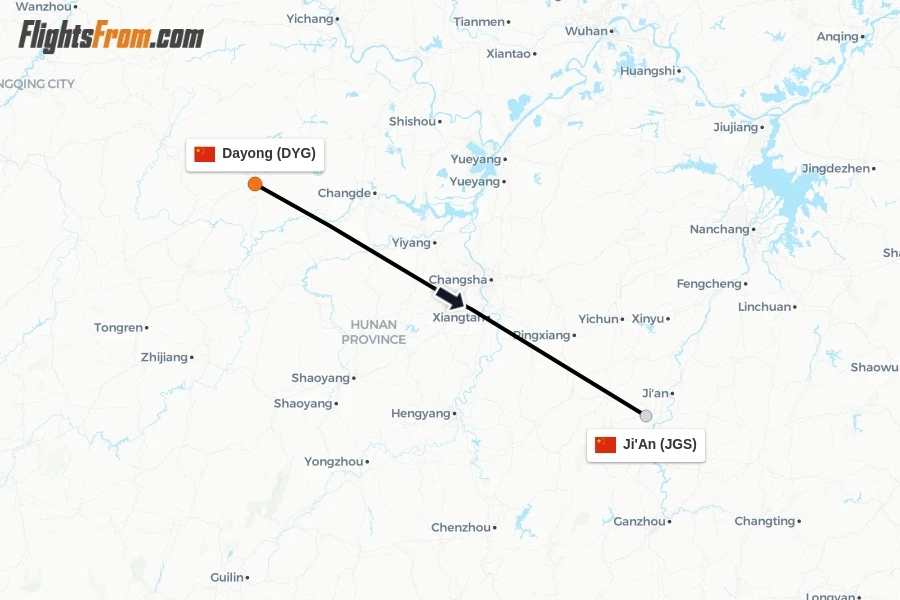Flights from Dayong to Ji'An route map