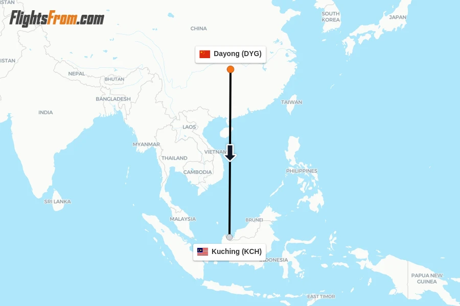 Flights from Dayong to Kuching route map