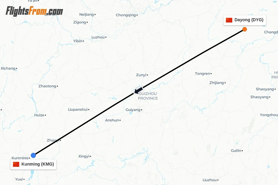 Flights from Dayong to Kunming route map