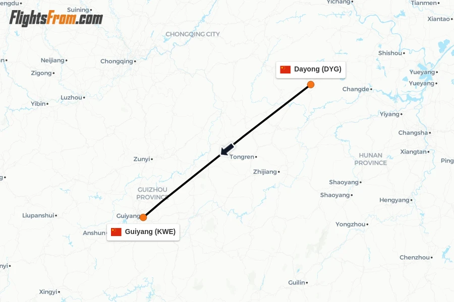 Flights from Dayong to Guiyang route map