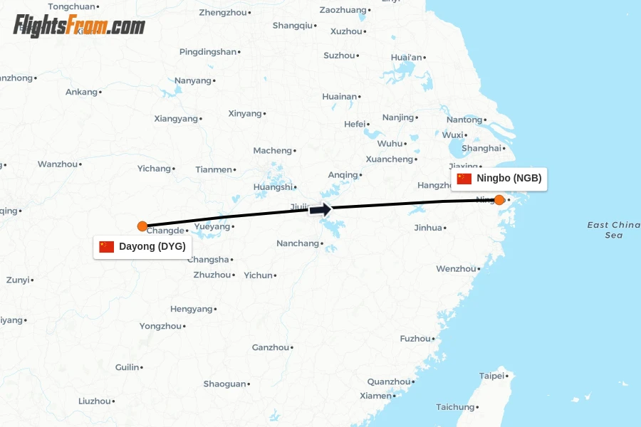 Flights from Dayong to Ningbo route map