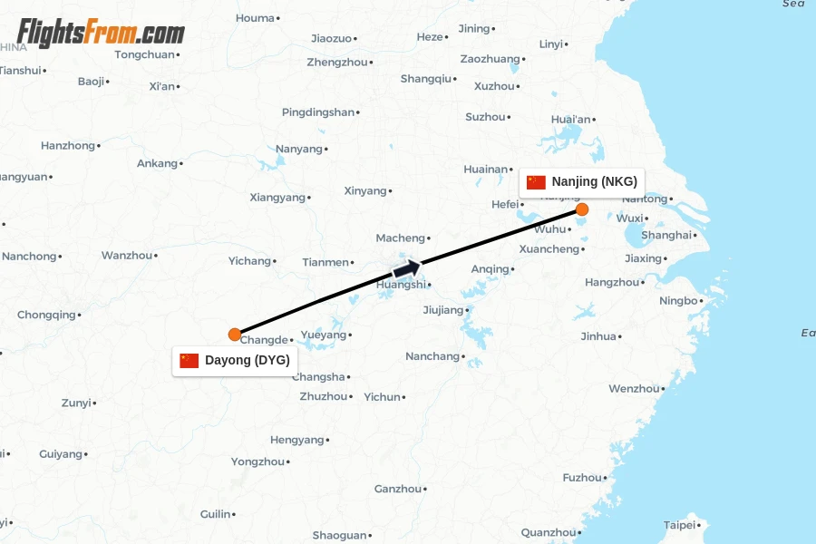 Flights from Dayong to Nanjing route map