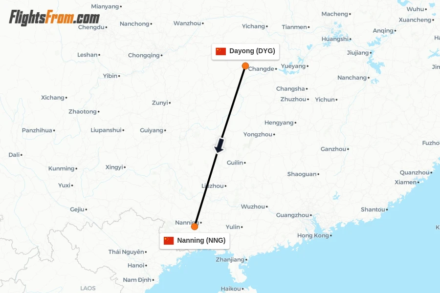 Flights from Dayong to Nanning route map