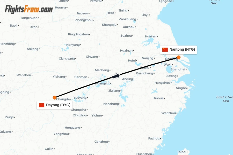 Flights from Dayong to Nantong route map