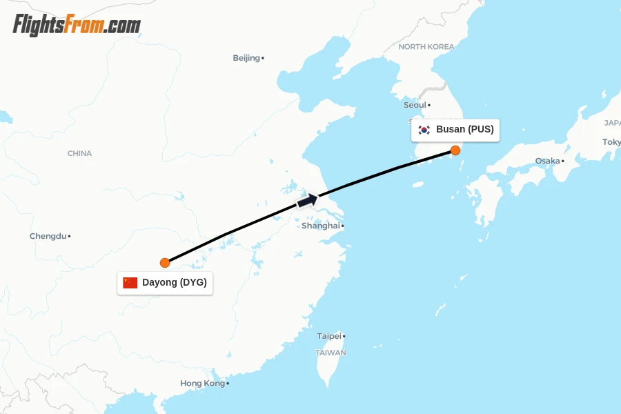Flights from Dayong to Busan route map