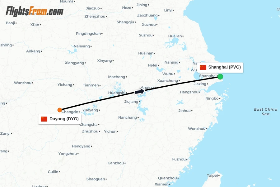 Flights from Dayong to Shanghai route map