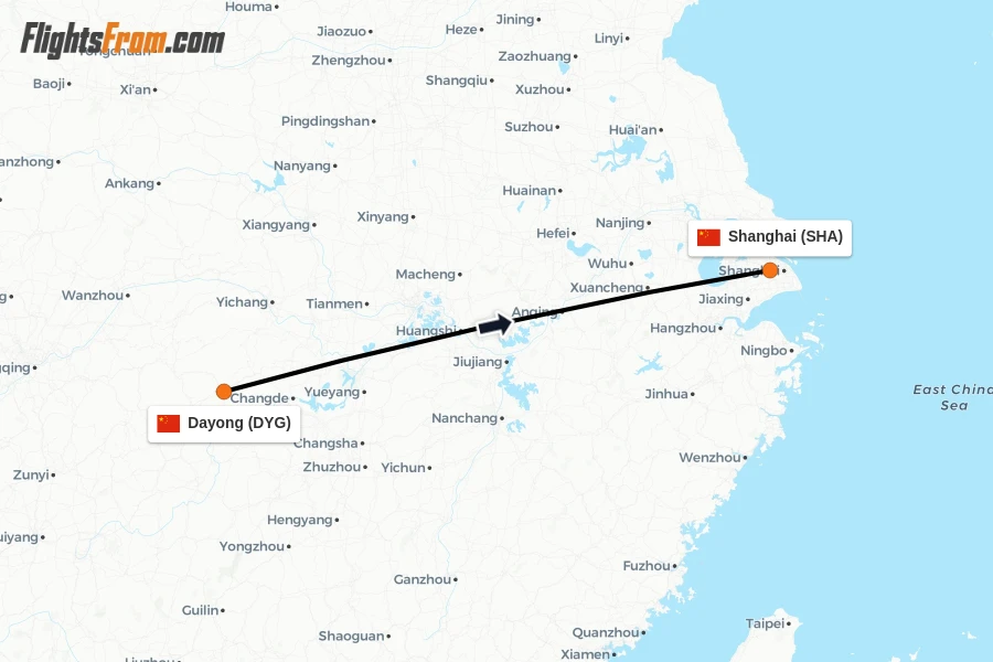 Flights from Dayong to Shanghai route map