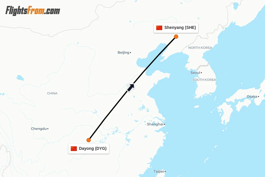 Flights from Dayong to Shenyang route map