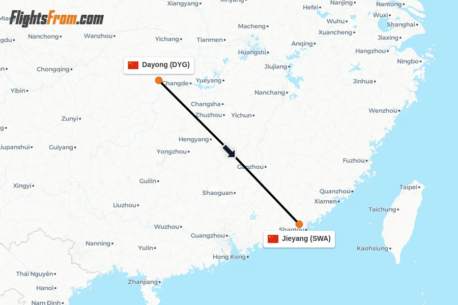 Flights from Dayong to Jieyang route map