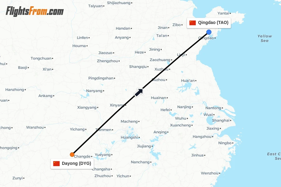 Flights from Dayong to Qingdao route map
