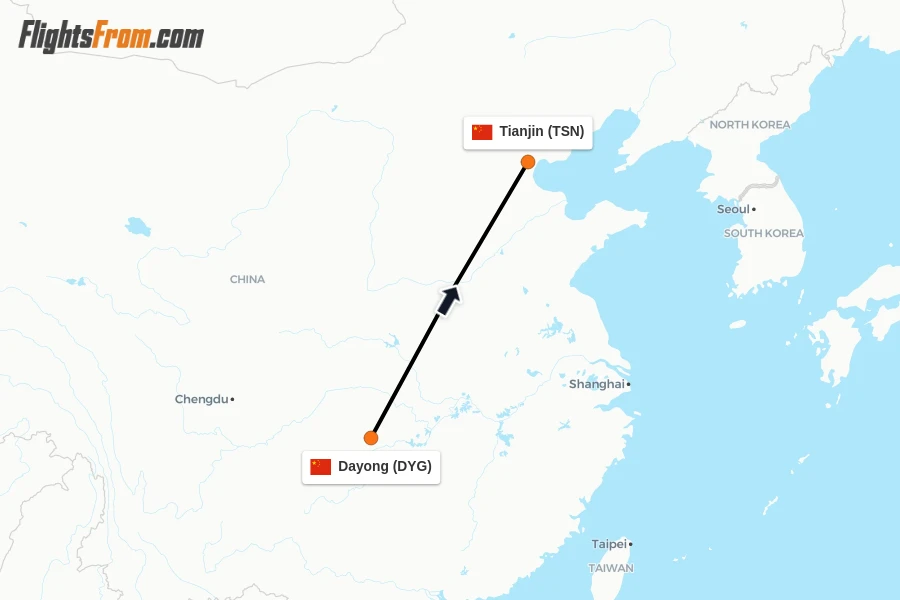 Flights from Dayong to Tianjin route map