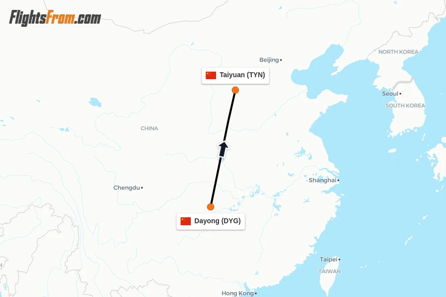 Flights from Dayong to Taiyuan route map