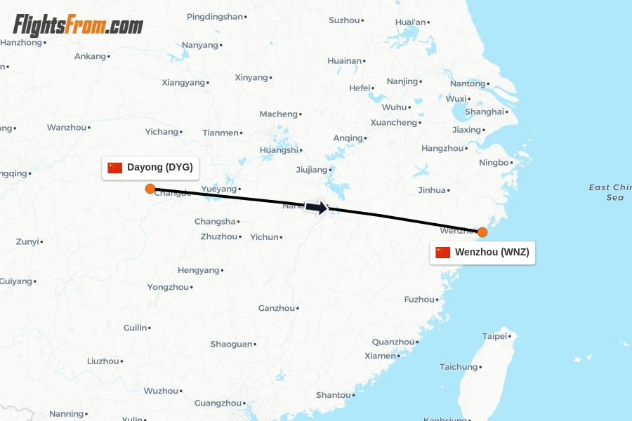 Flights from Dayong to Wenzhou route map