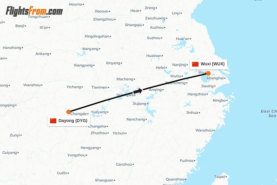 Flights from Dayong to Wuxi route map