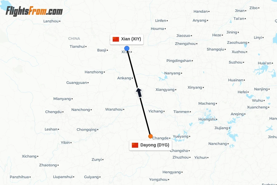 Flights from Dayong to Xian route map