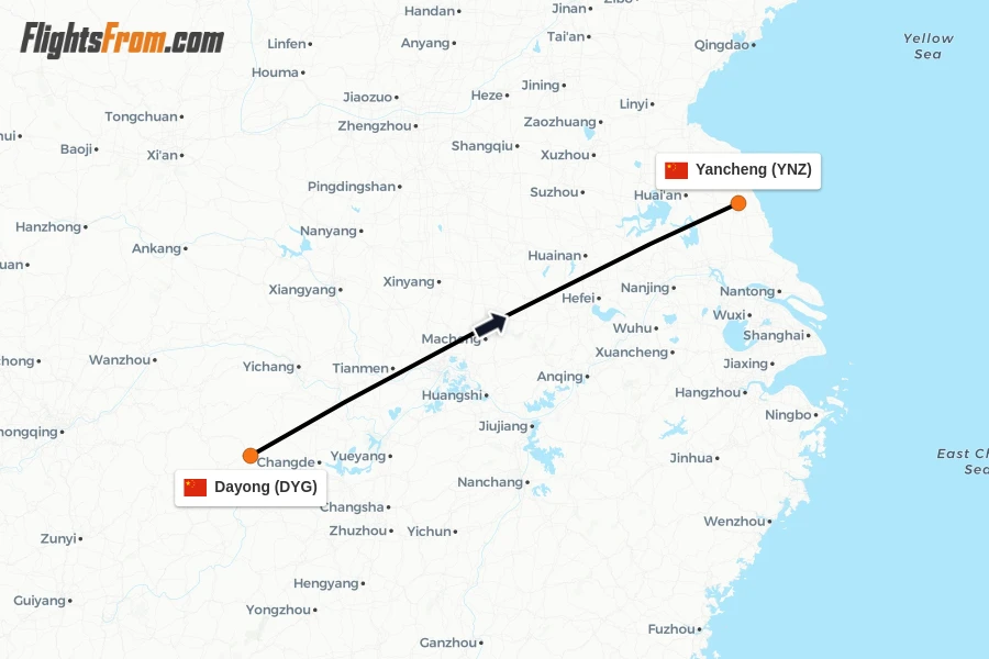 Flights from Dayong to Yancheng route map