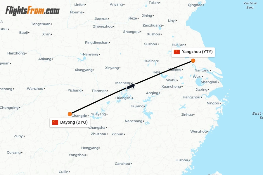 Flights from Dayong to Yangzhou route map