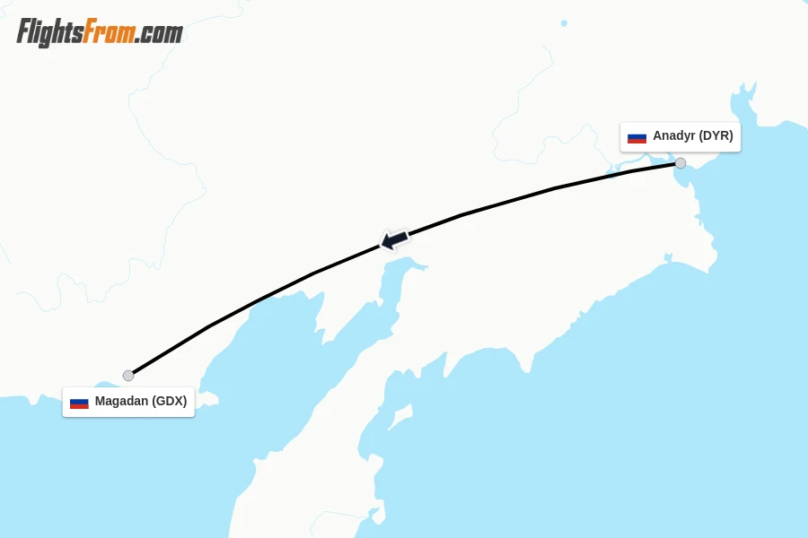 Flights from Anadyr to Magadan route map