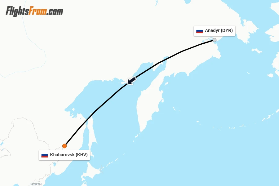Flights from Anadyr to Khabarovsk route map