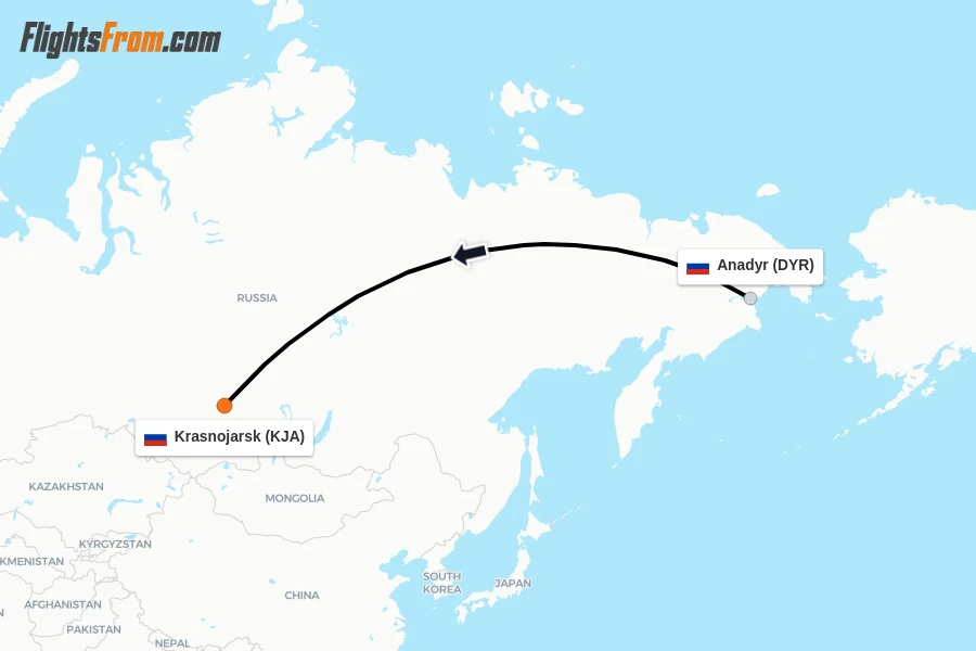 Flights from Anadyr to Krasnojarsk route map